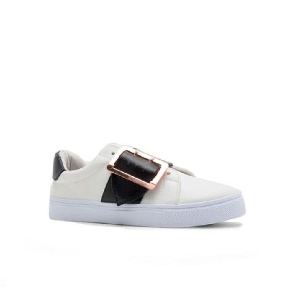 Women's White Casual Sneaker with Black Buckle Accent